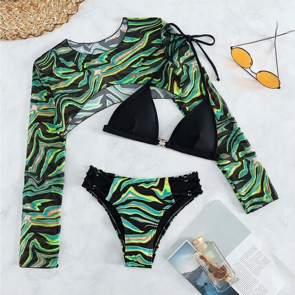 Allover Print Halter Triangle Bikini Swimsuit With Cover Up - Picture 5 of 10